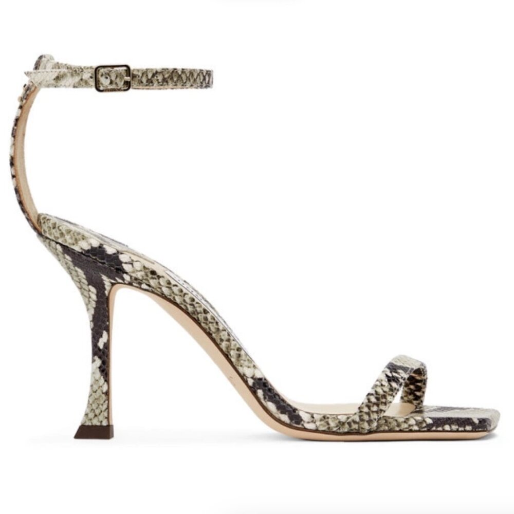 NIB Jimmy Choo Black and Taupe Snake Marin 90 Heeled Sandals Size 36.5